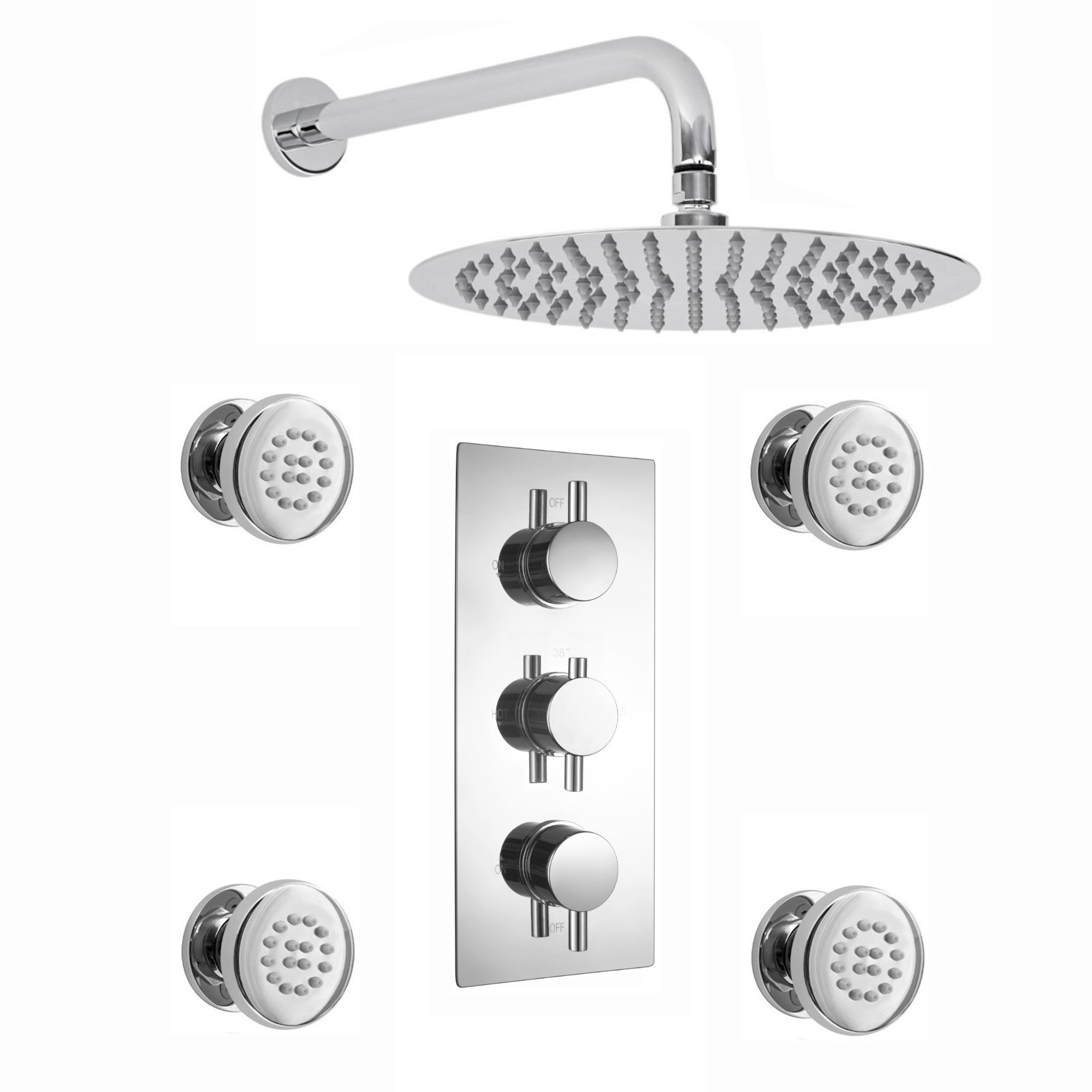 Venice Contemporary Round Concealed Thermostatic Shower Set Incl. Triple Valve, Wall Fixed 8" Shower Head, 4 Spa Body Jets - Chrome (2 Outlet)
